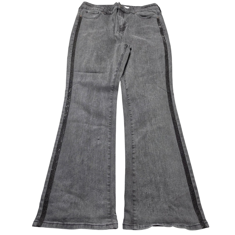 Rebecca Minkoff Grey Rhinestone Stripe Flare Jeans Womens 12 High Rise Denim